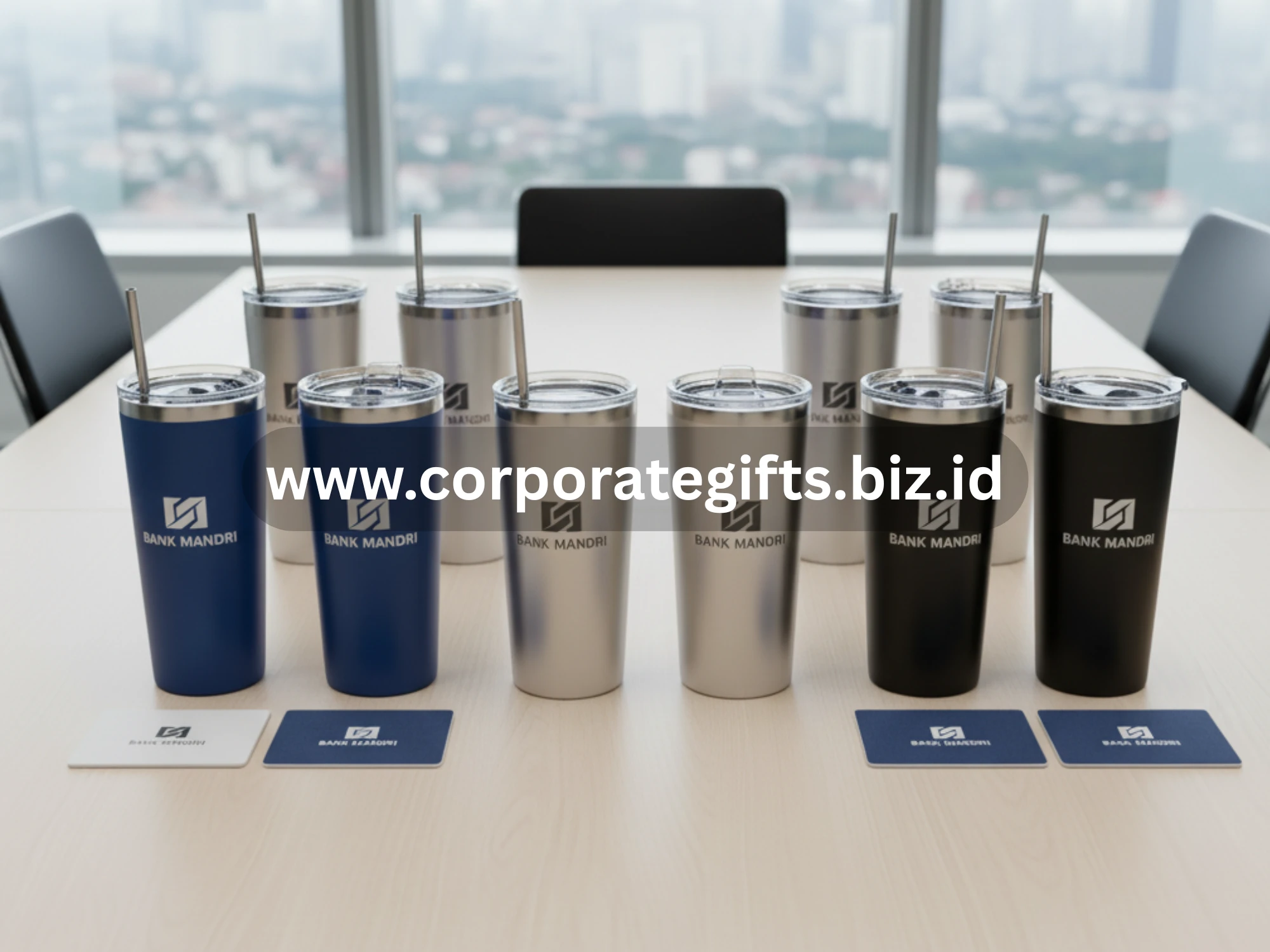 Tumbler stainless dengan logo Bank Mandiri sebagai souvenir perusahaan