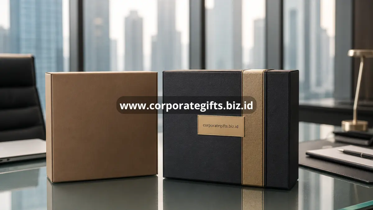 Kotak kemasan elegan di meja kantor modern