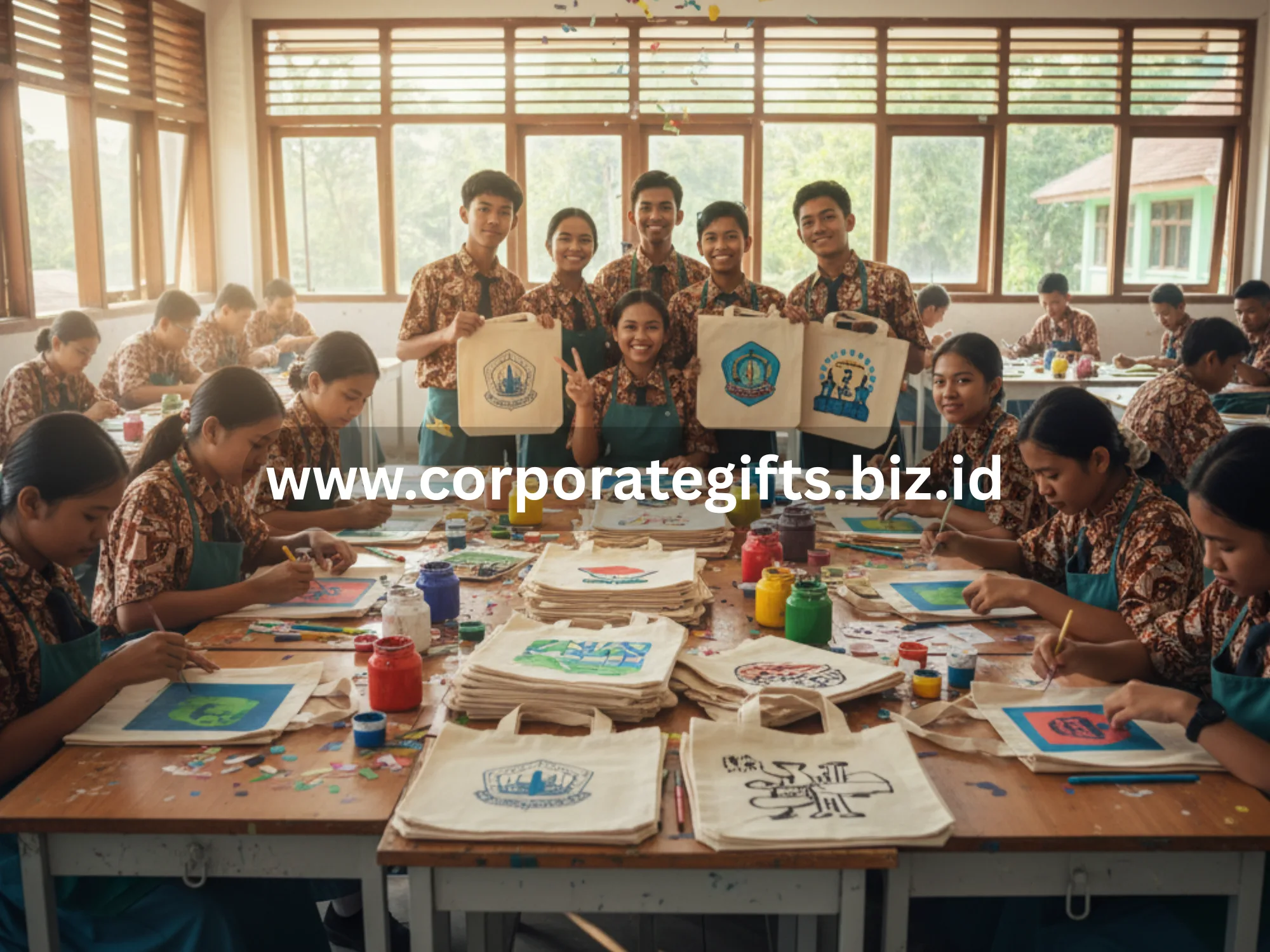 Sebuah kelas dengan siswa sedang membuat souvenir sekolah DIY menggunakan cat dan kain tote bag, suasana ceria dan kreatif