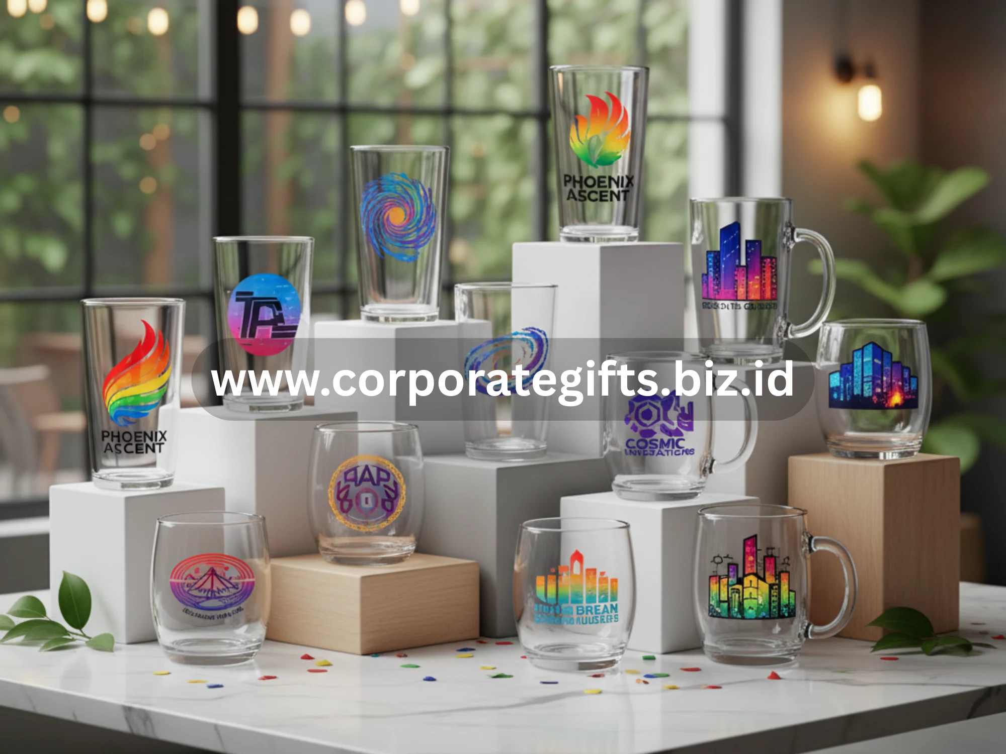 Gelas kaca sablon logo perusahaan dengan desain kreatif full color