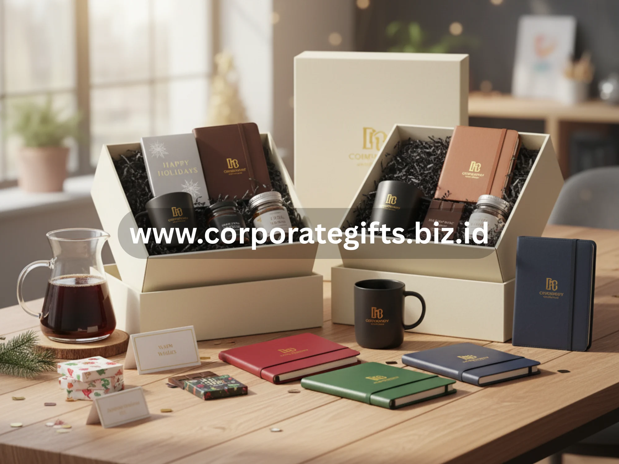 Contoh hampers akhir tahun untuk relasi bisnis dengan kemasan mewah dan personalisasi logo perusahaan