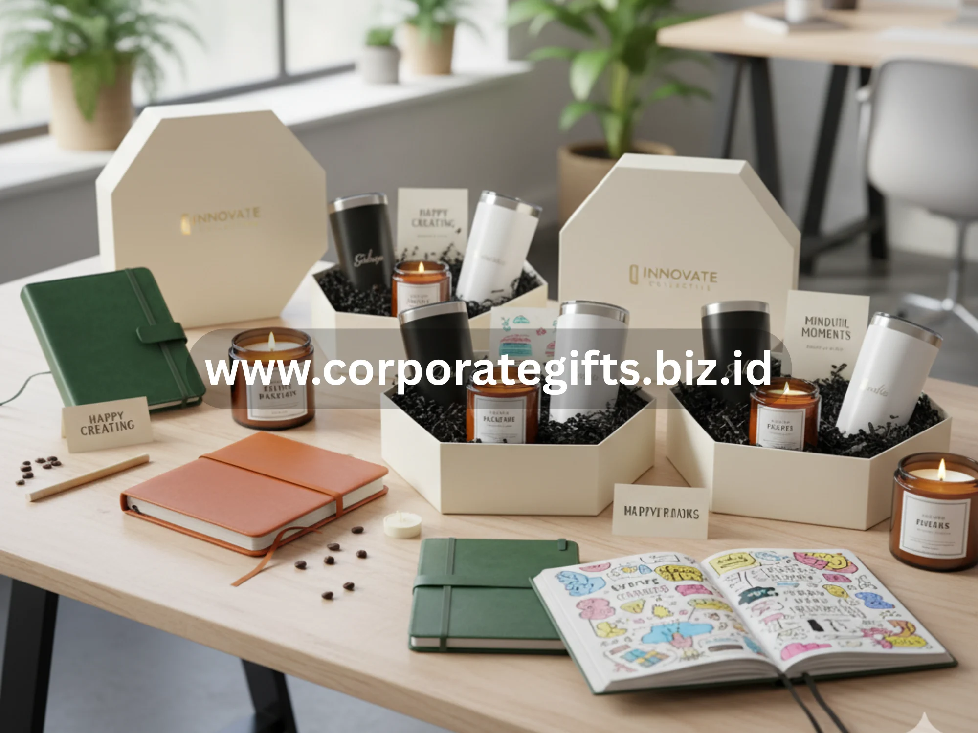 Paket hampers kantor kreatif berisi planner, tumbler, dan lilin aroma