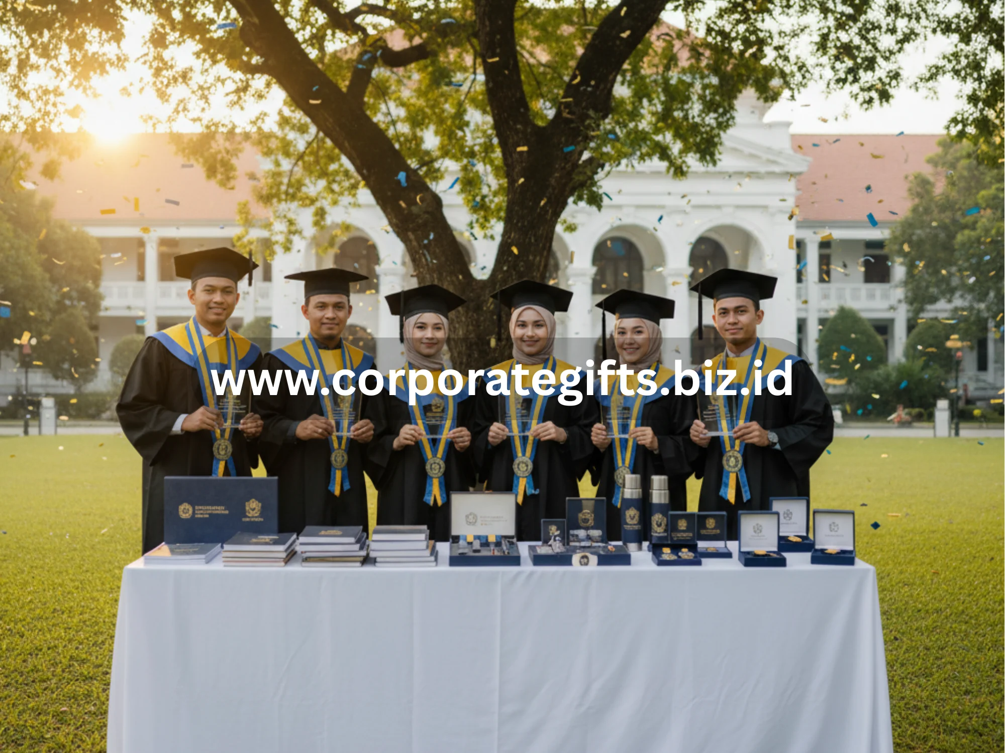 Mahasiswa berfoto sambil memegang plakat wisuda universitas