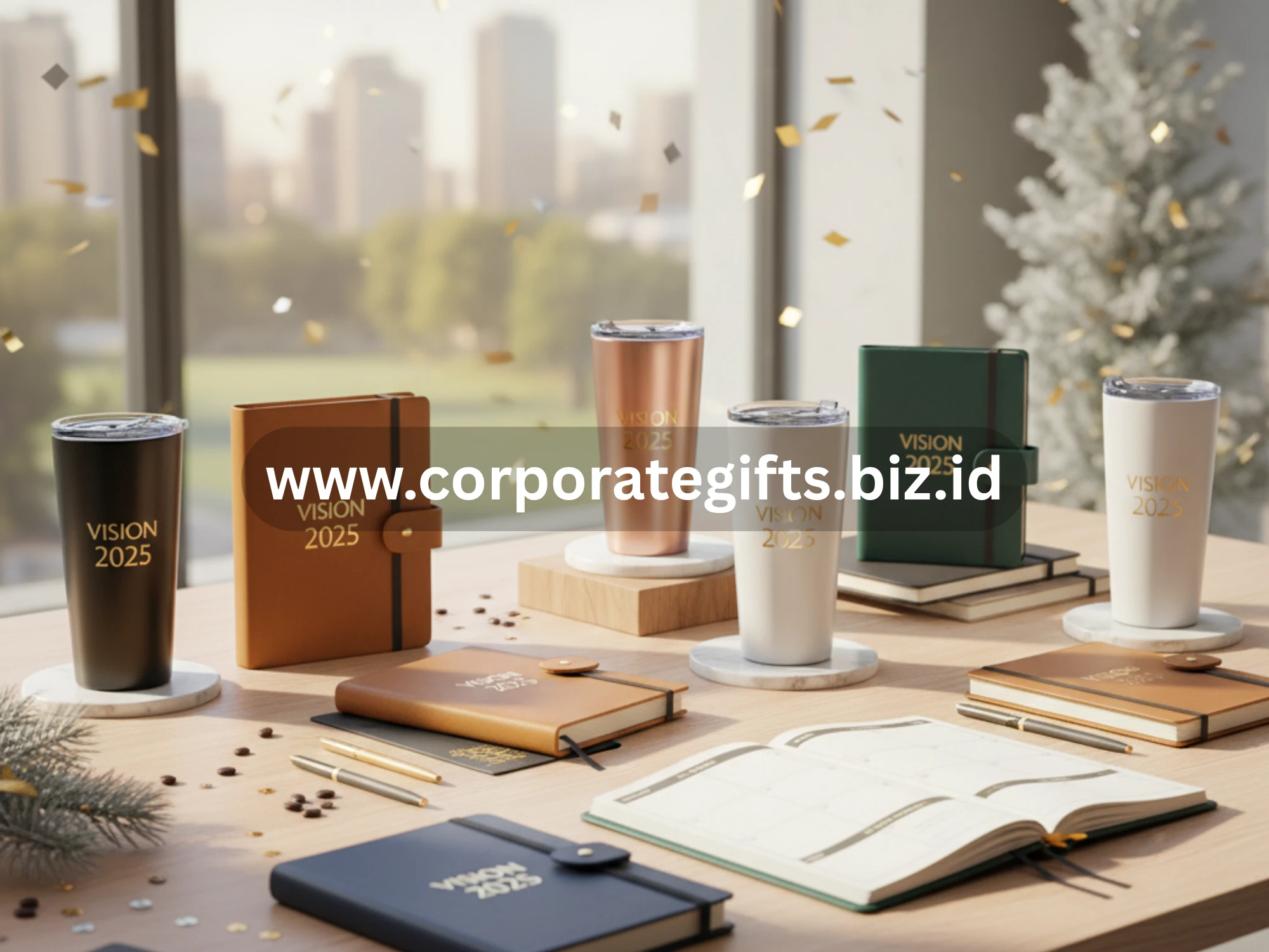 Tumbler custom dan planner kulit premium sebagai merchandise tahun baru perusahaan