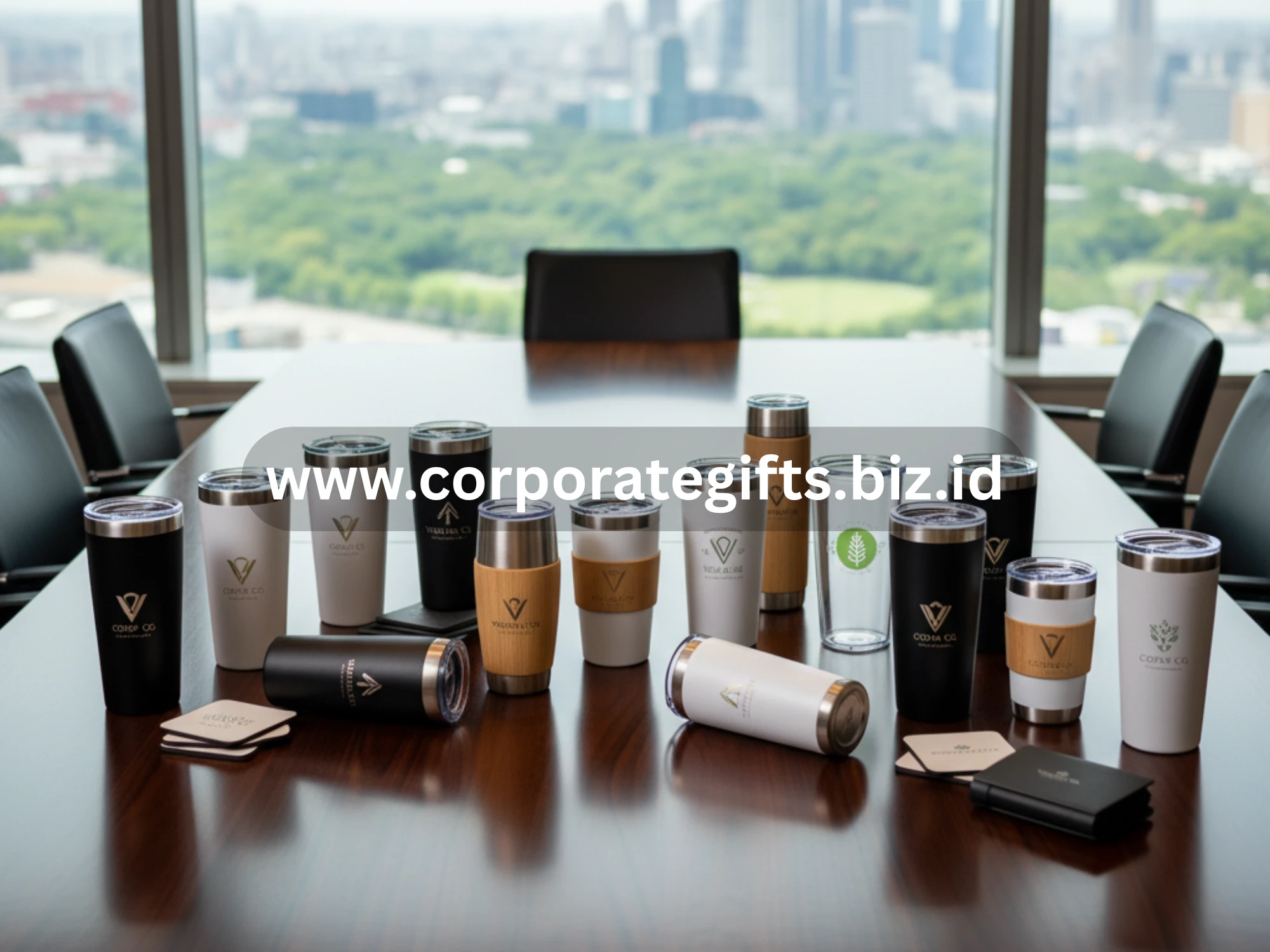 Contoh merchandise promosi berupa tumbler dengan logo perusahaan