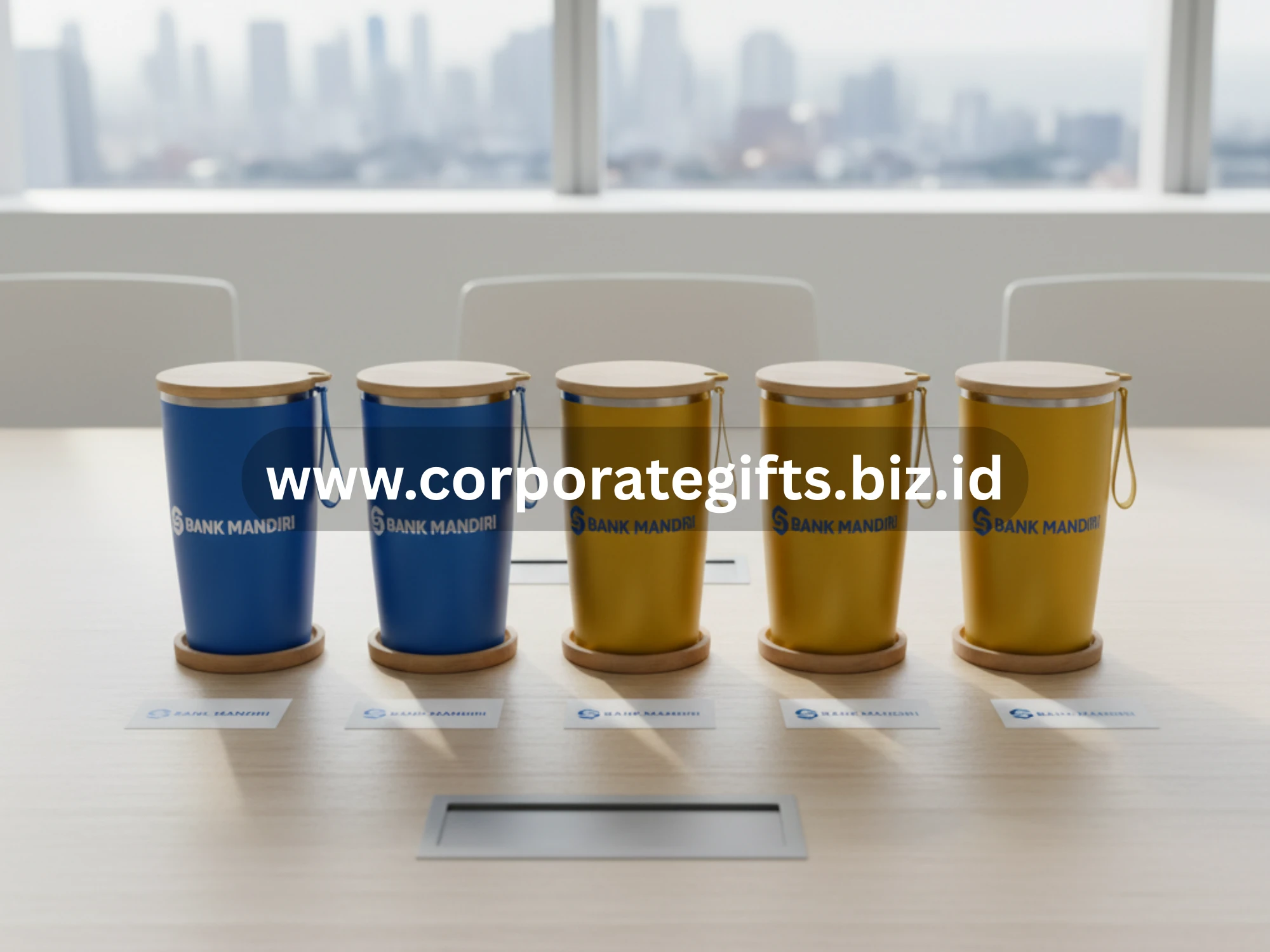 Tumbler stainless dengan logo Bank Mandiri sebagai souvenir perusahaan