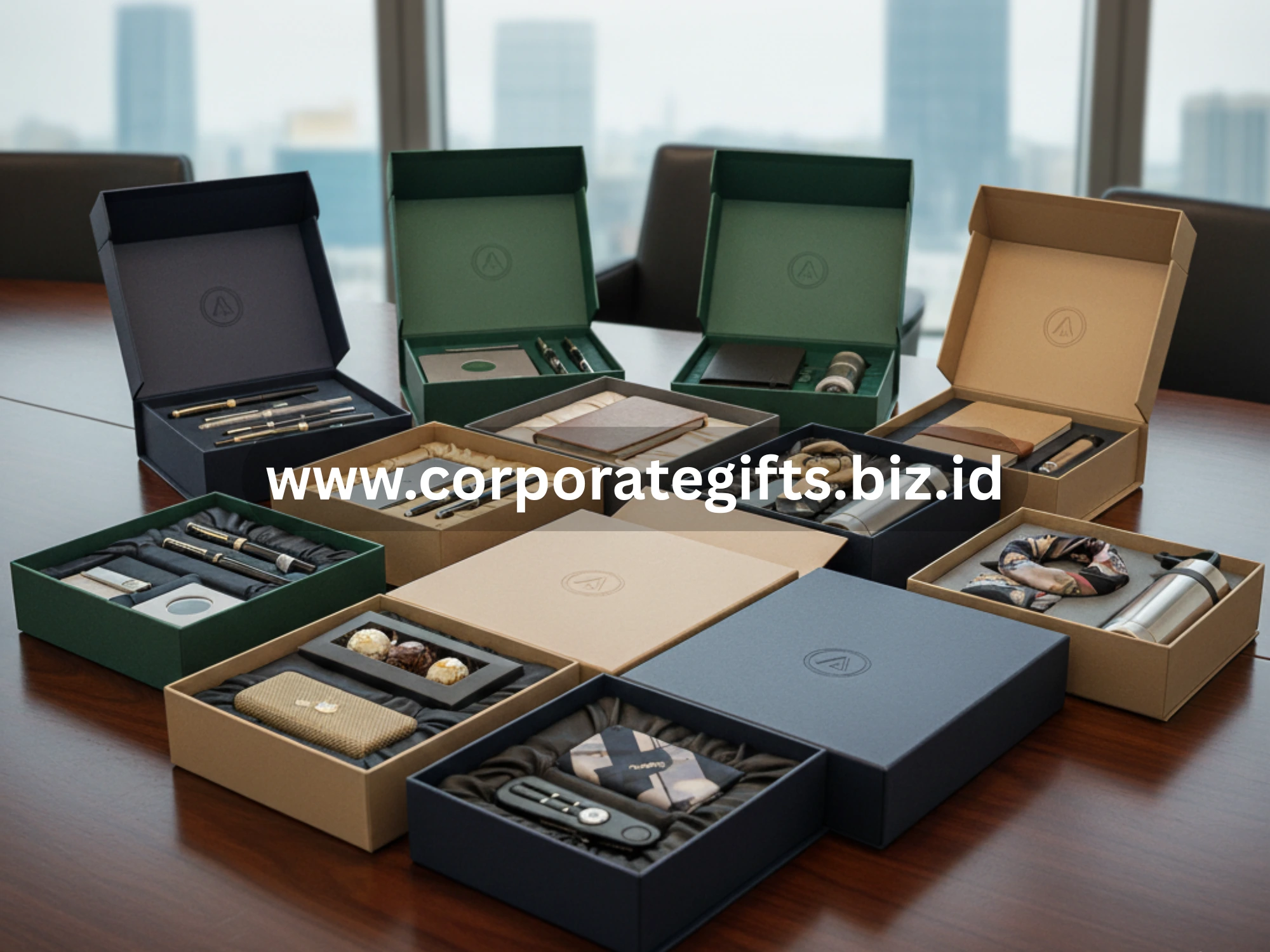 Merchandise perusahaan elegan untuk klien berupa gift set premium dengan logo brand