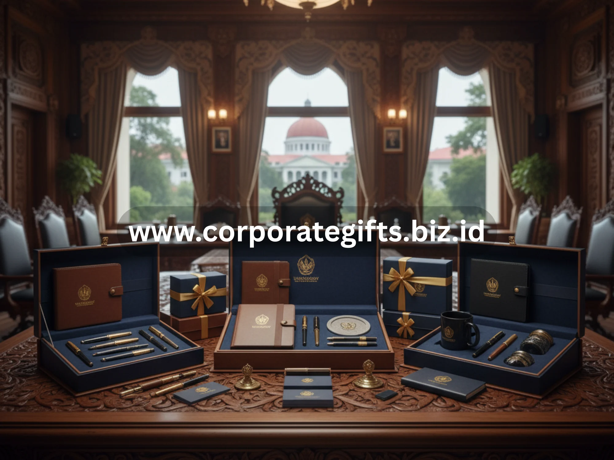 Souvenir rektor berupa planner kulit dan pena logam berlogo universitas dalam kemasan elegan