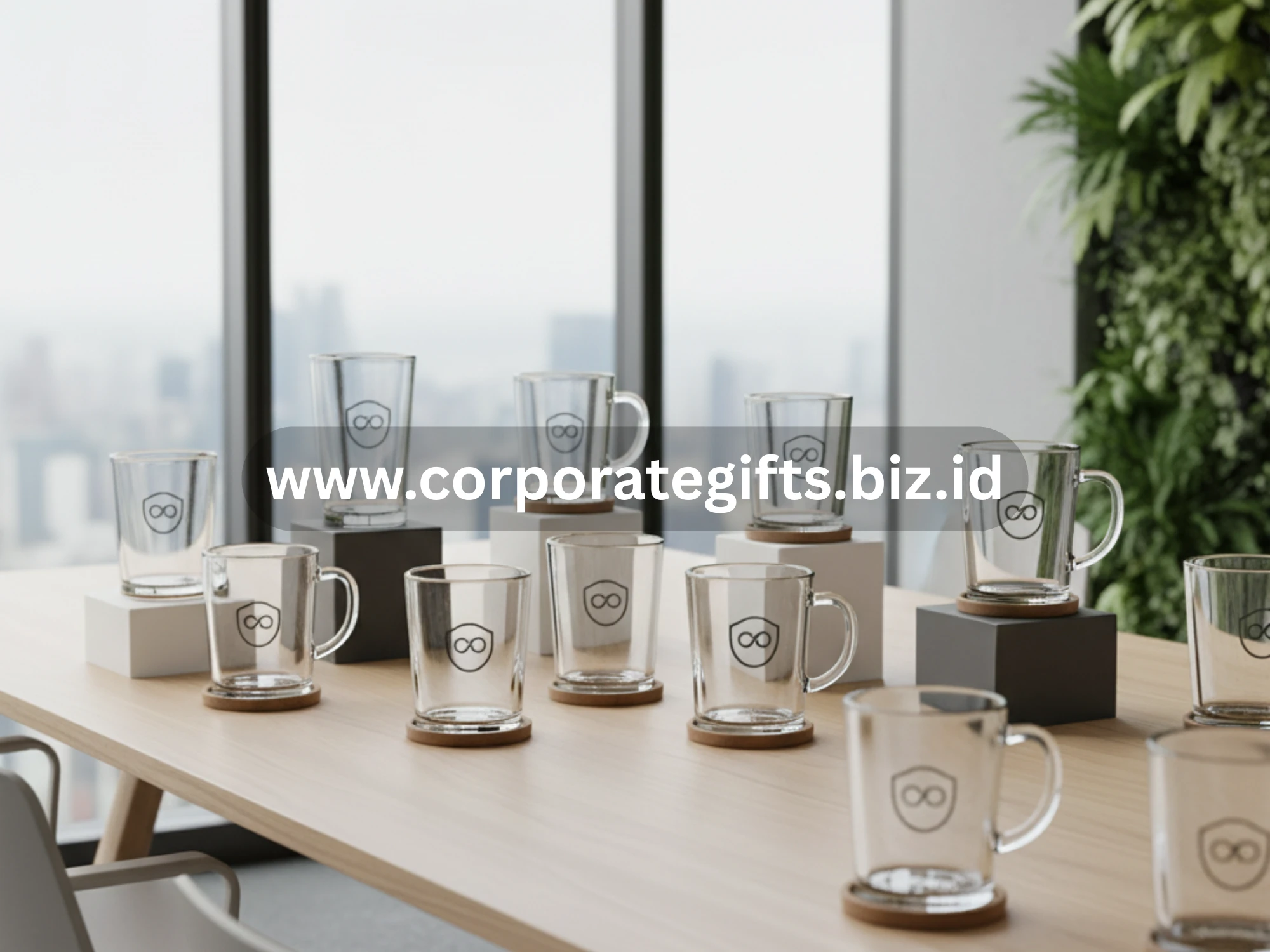 Souvenir gelas kaca dengan sablon logo perusahaan elegan
