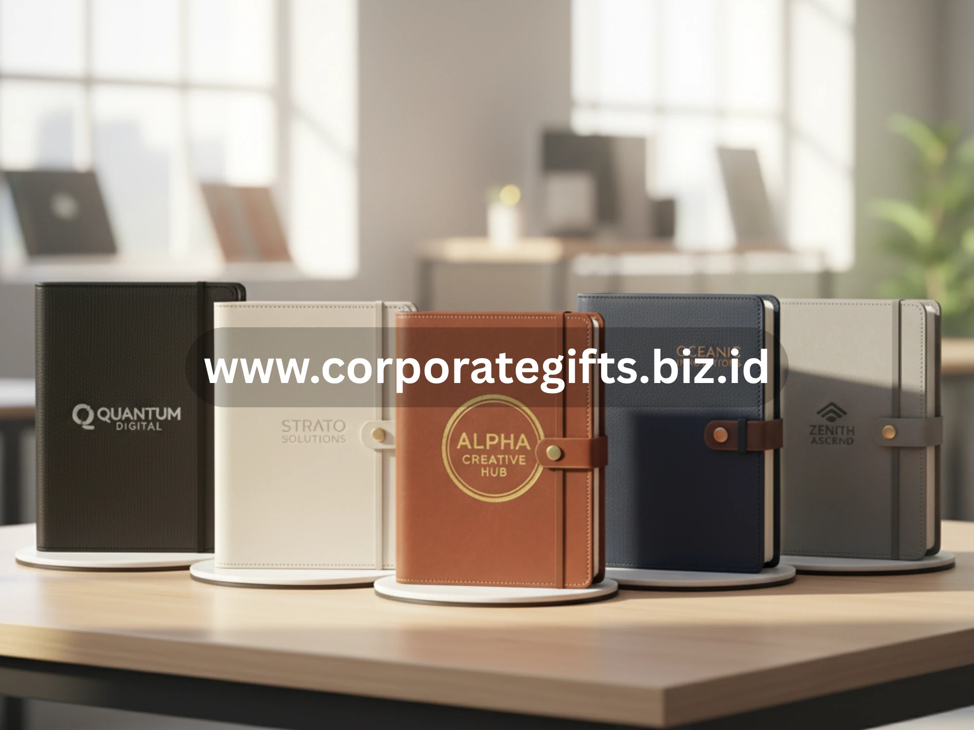 Notebook premium dengan sampul kulit elegan berlogo perusahaan untuk hadiah eksklusif.