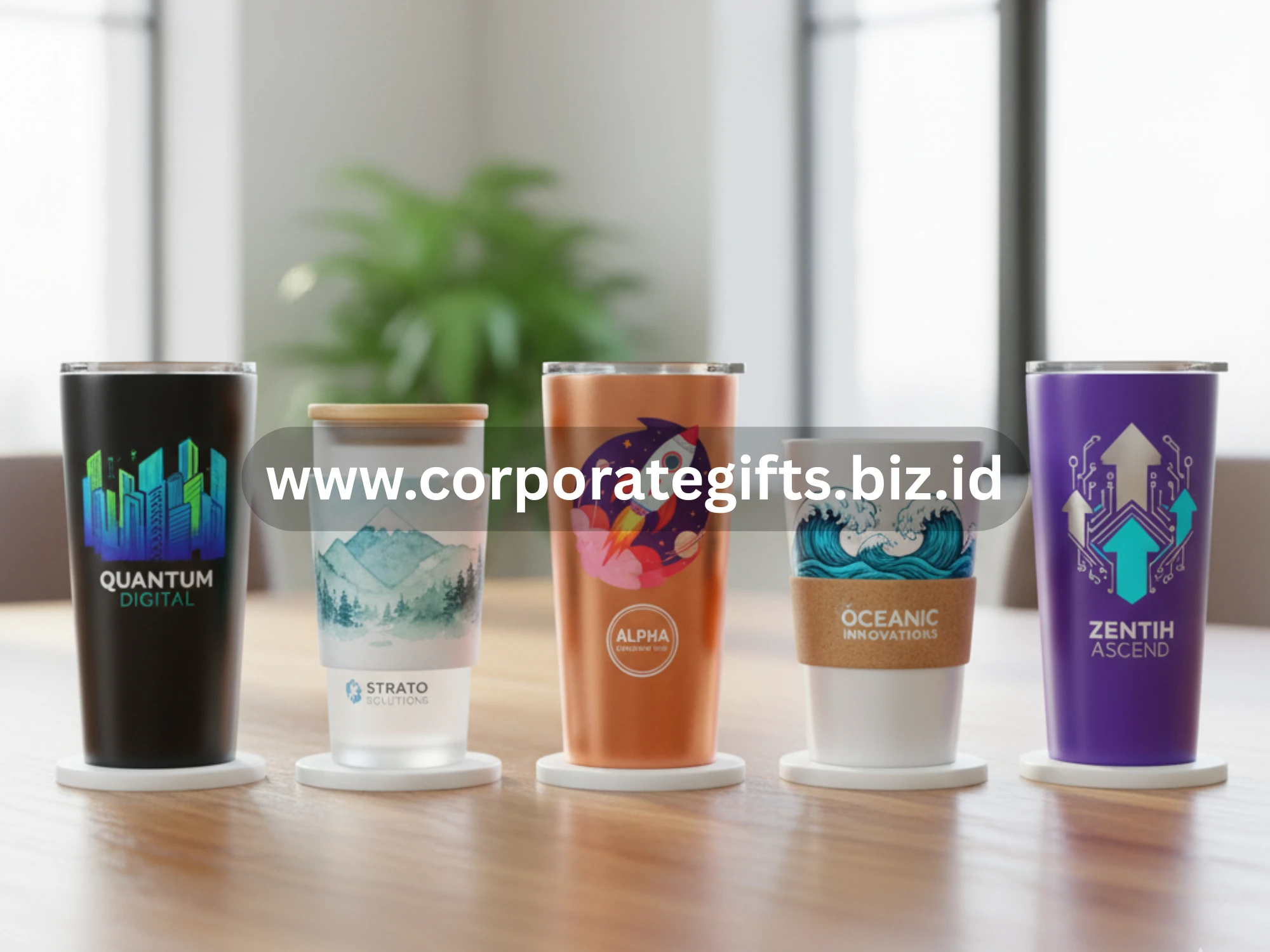 Tumbler custom dengan desain ilustrasi unik dan logo perusahaan, cocok untuk hadiah klien