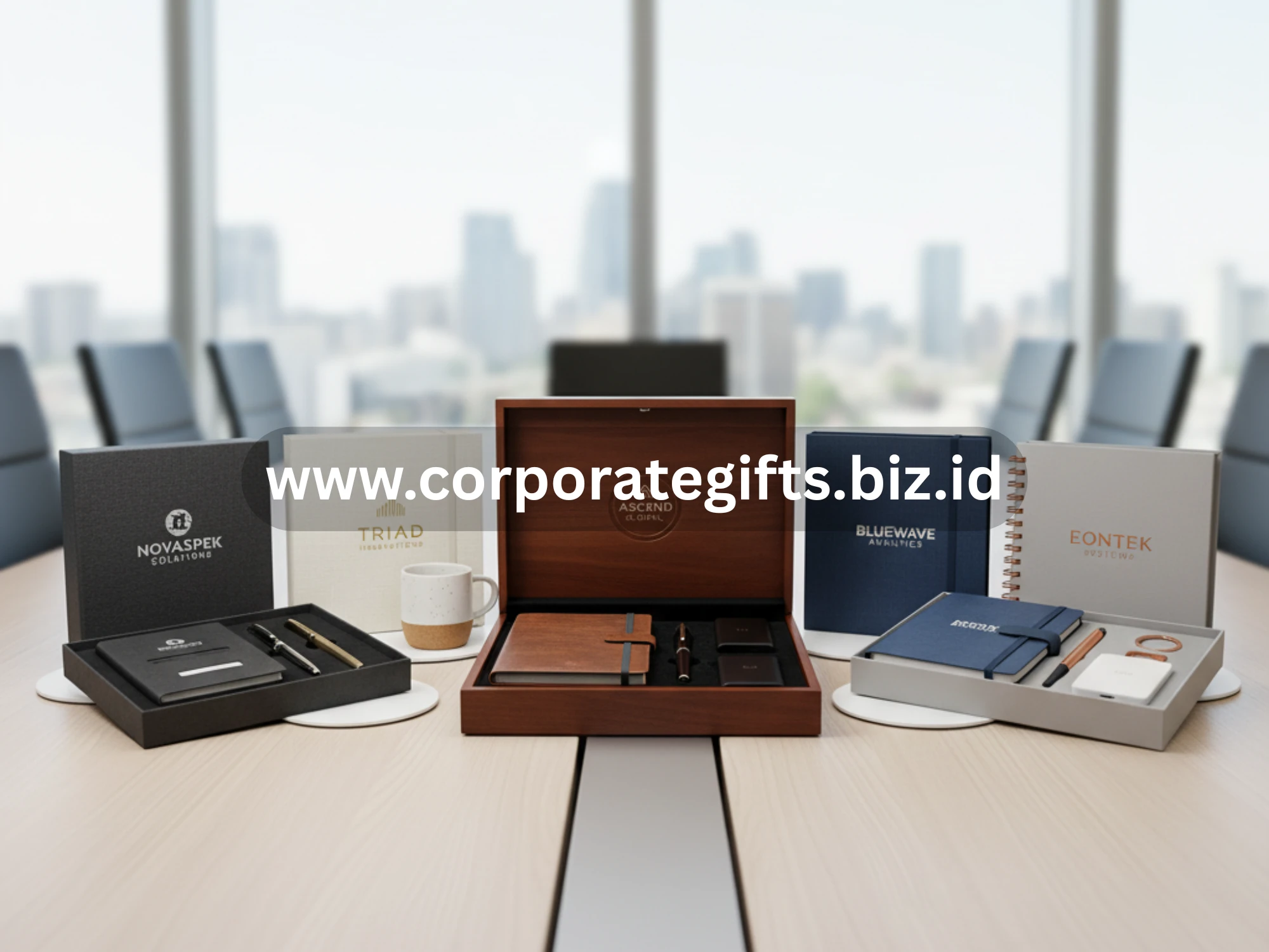 Gift set premium berisi pulpen, flashdisk, dan powerbank berlogo perusahaan, cocok sebagai souvenir bisnis profesional