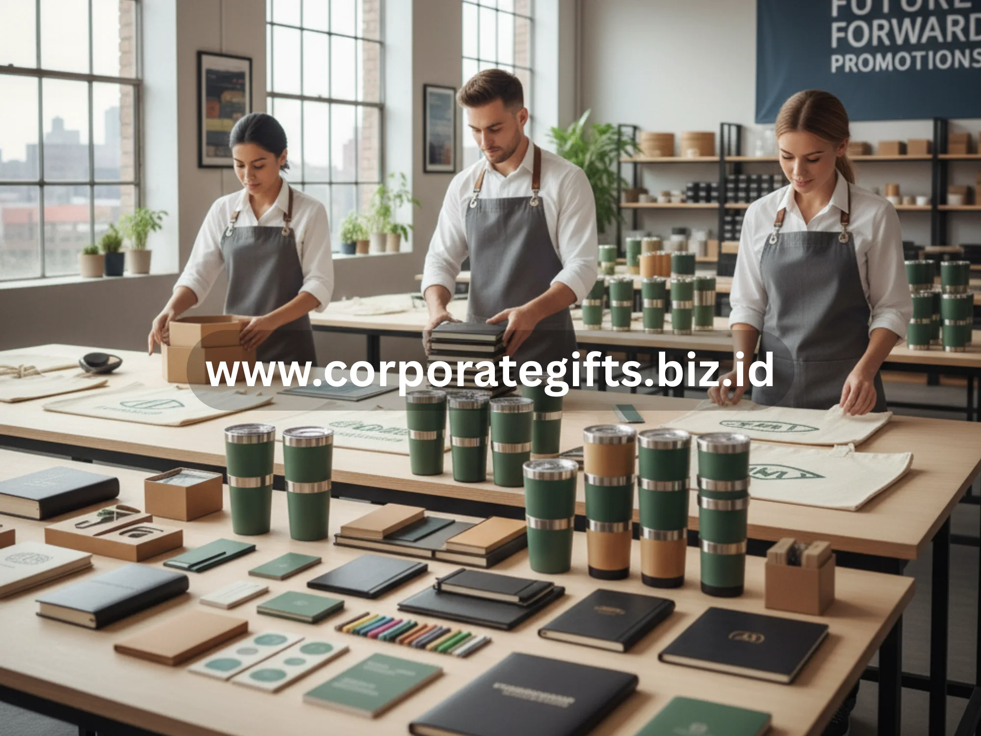 tim vendor souvenir perusahaan sedang menyiapkan pesanan promosi