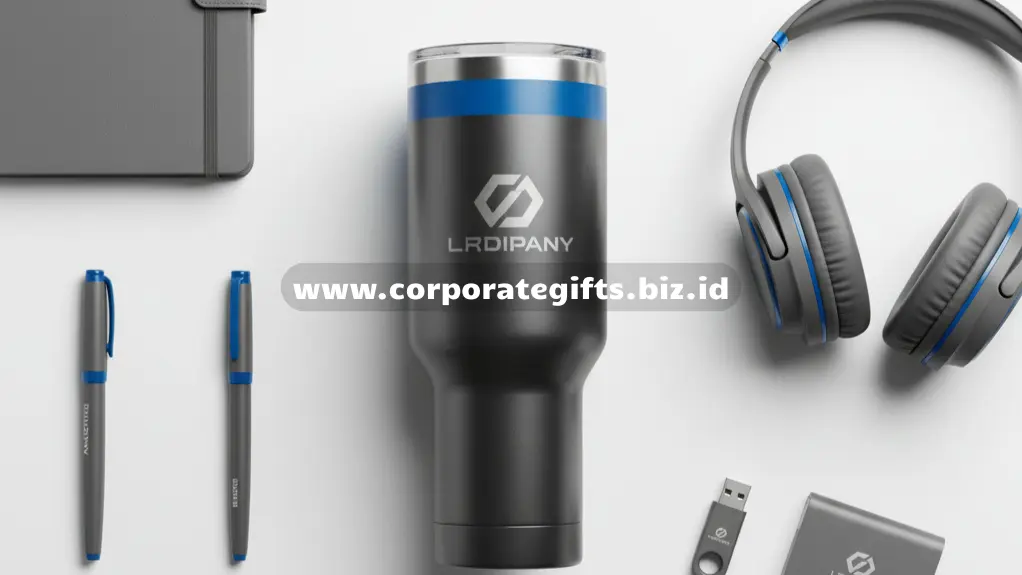 Contoh Hadiah perusahaan abu-abu dan biru berupa Tumbler, pulpen, headphone, dan flash drive