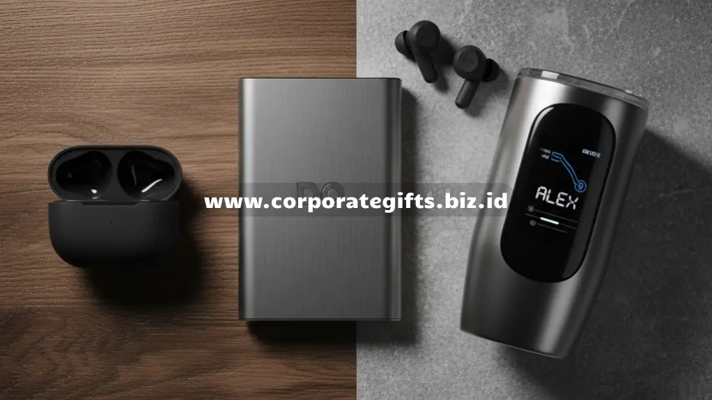 Contoh tren merchandise perusahaan 2025 berupa tumbler, tas kain, dan powerbank custom berlogo perusahaan