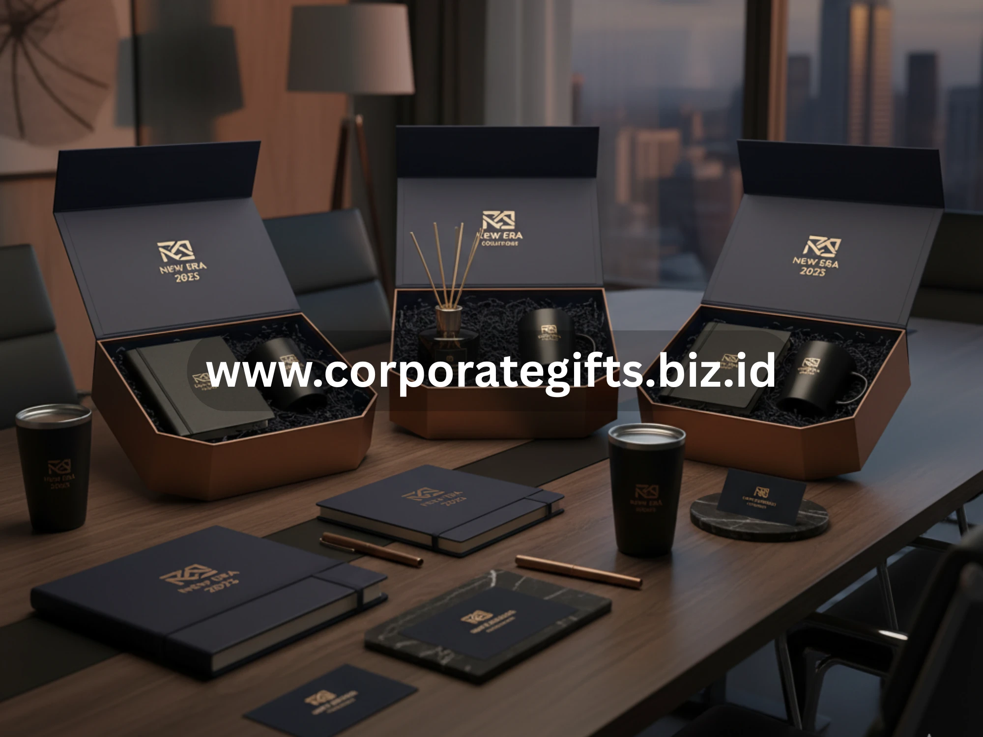 Paket merchandise eksklusif perusahaan berisi planner, mug, dan diffuser sebagai hadiah akhir tahun 2026