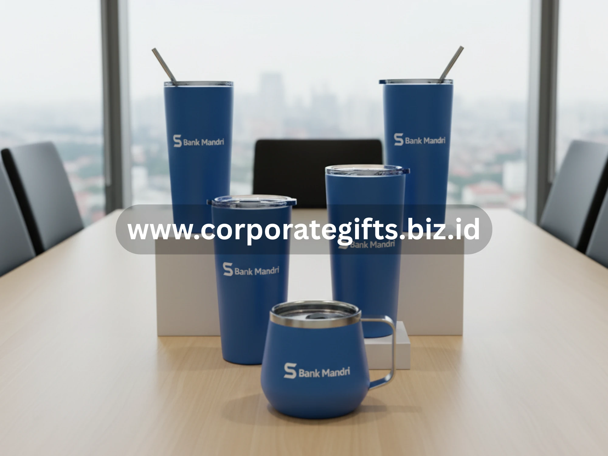 Tumbler stainless berwarna biru dengan logo Bank Mandiri sebagai souvenir ramah lingkungan untuk nasabah.